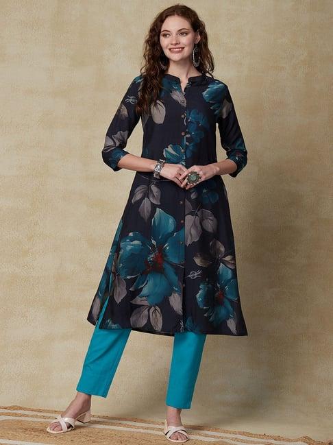 fashor navy printed a line kurta