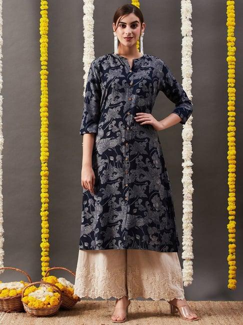 fashor navy printed a line kurta