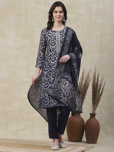 fashor navy printed kurta pant set with dupatta