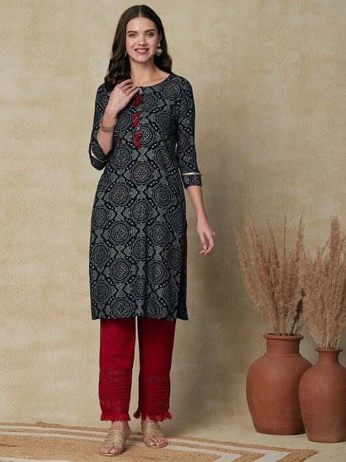 fashor navy printed straight kurta