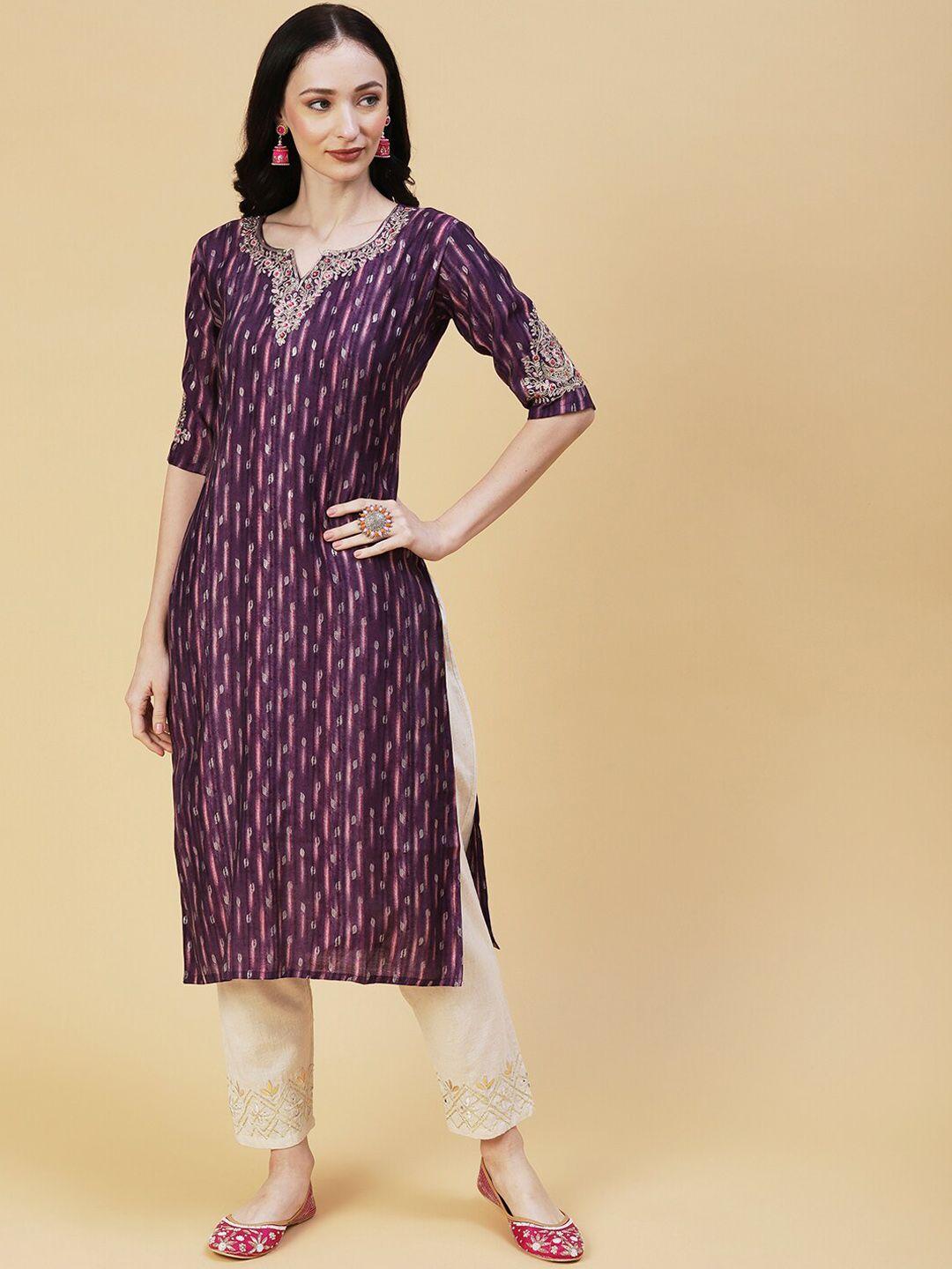 fashor notched neck abstract printed zari work foil print straight kurta