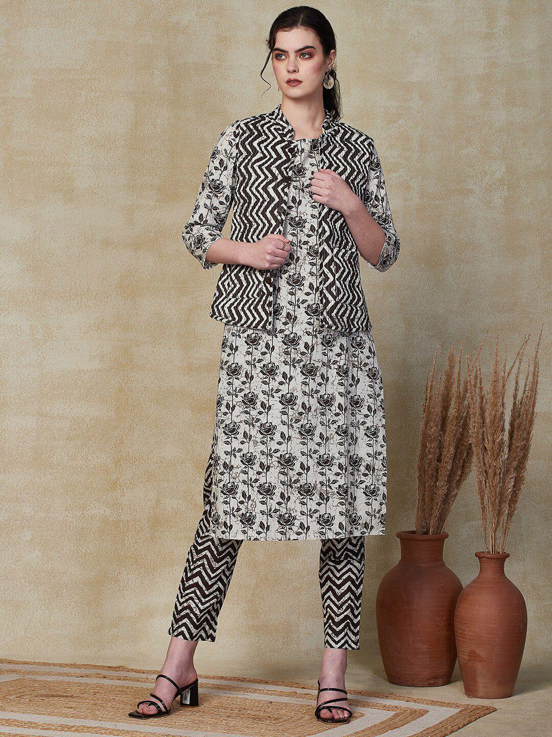 fashor off white & black floral printed pure cotton straight kurta with trouser