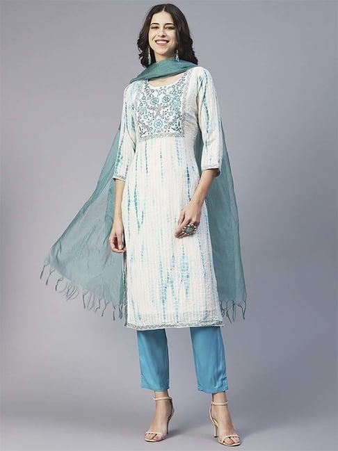 fashor off-white & blue cotton embroidered kurta pant set with dupatta