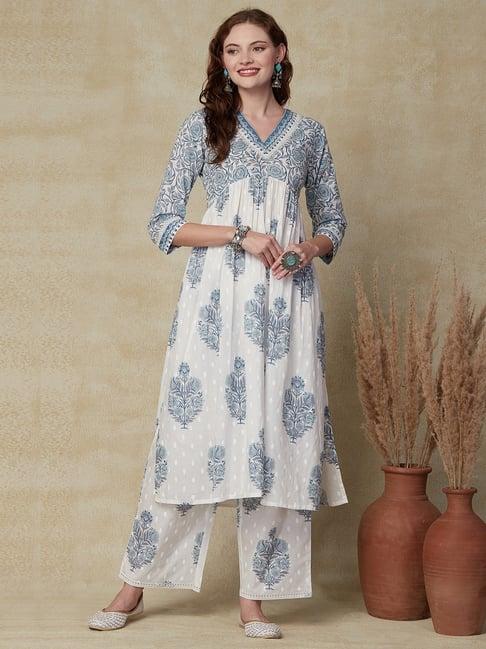 fashor off-white & blue cotton printed kurta palazzo set