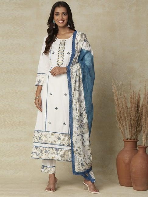 fashor off-white & blue cotton printed kurta pant set with dupatta