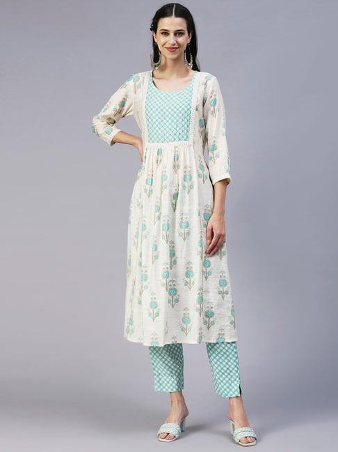 fashor off-white & blue printed kurta pant set