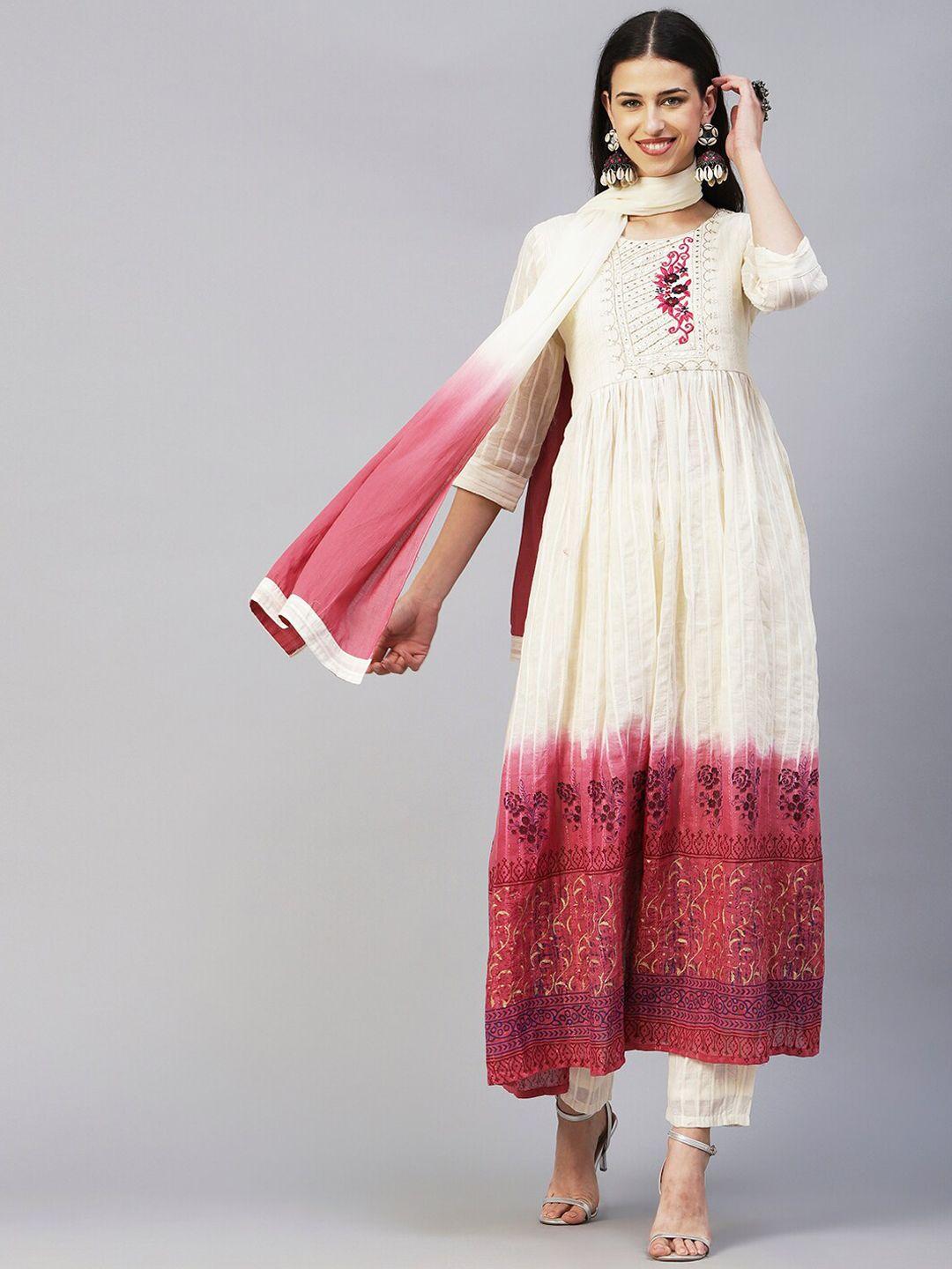 fashor off white & maroon printed thread work pure cotton kurta with trousers & dupatta