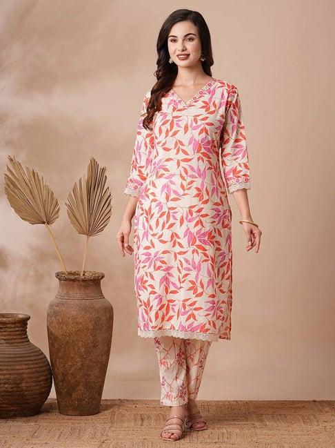 fashor off-white & pink cotton printed kurta & pant set