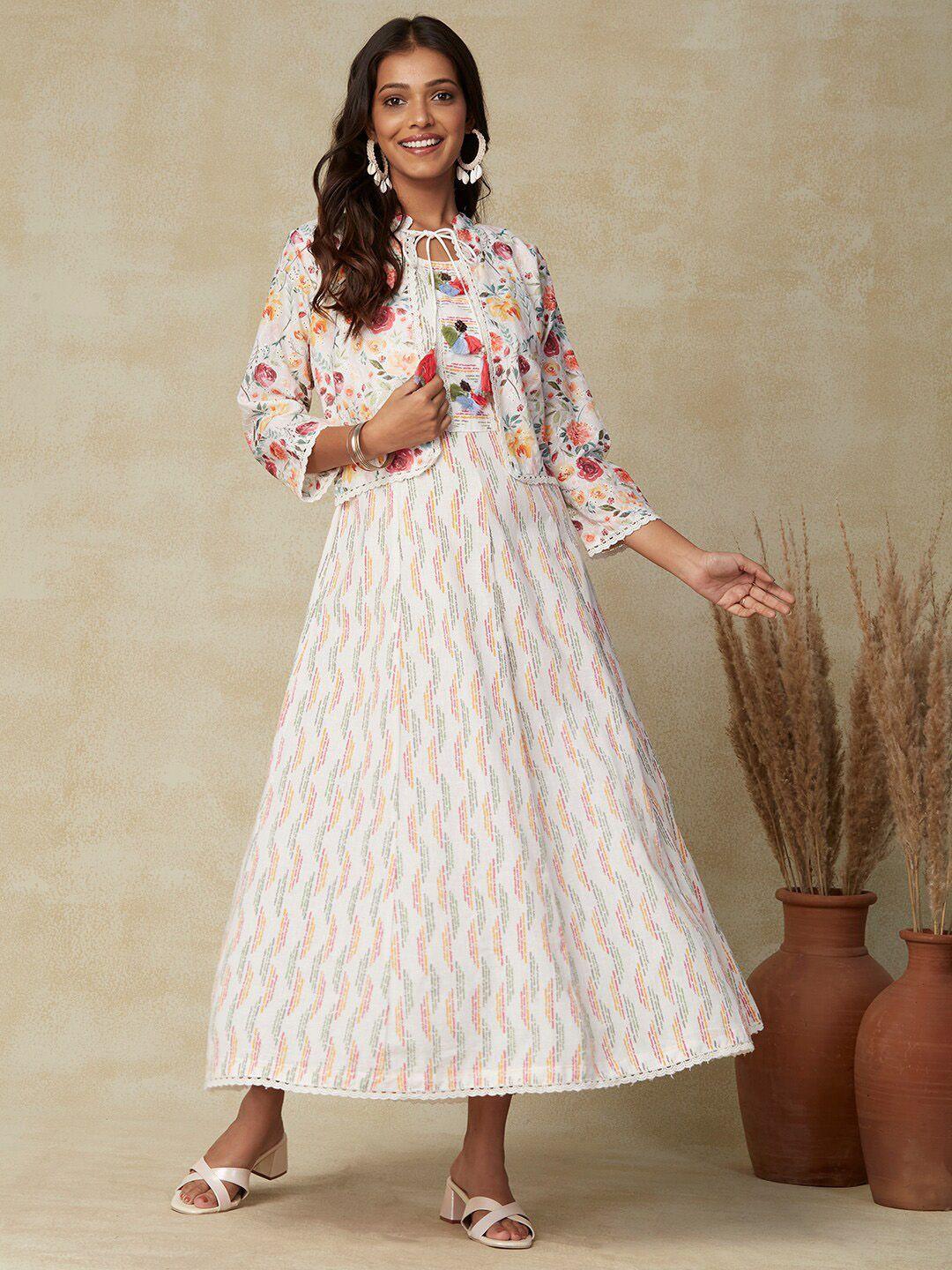 fashor off white & pink floral printed a-line maxi dress