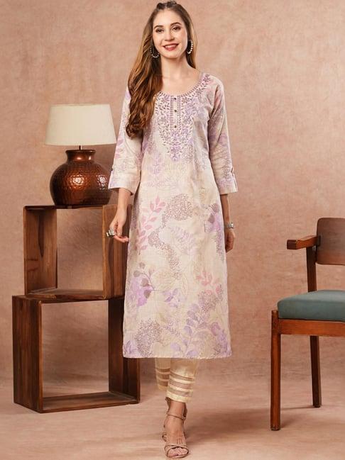 fashor off-white & purple printed straight kurta