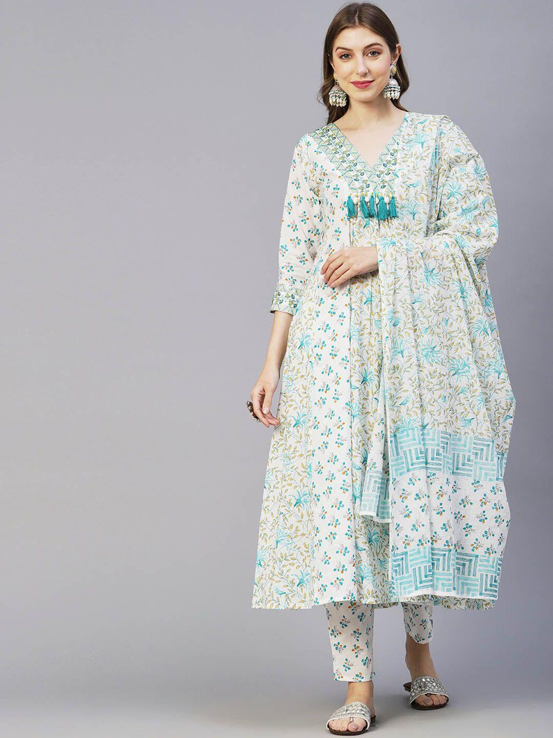 fashor off white & turquoise blue printed pure cotton kurta with trousers & dupatta