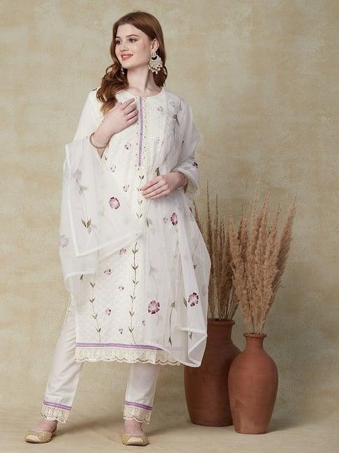 fashor off-white cotton embroidered kurta pant set with dupatta