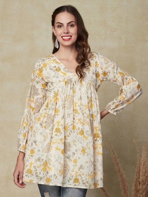 fashor off-white cotton floral print a line kurti