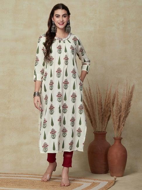 fashor off-white cotton floral print straight kurta