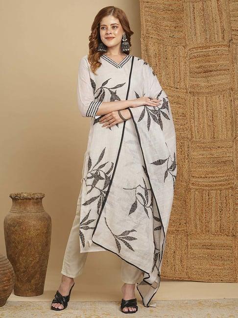 fashor off-white cotton printed kurta & pant set with dupatta