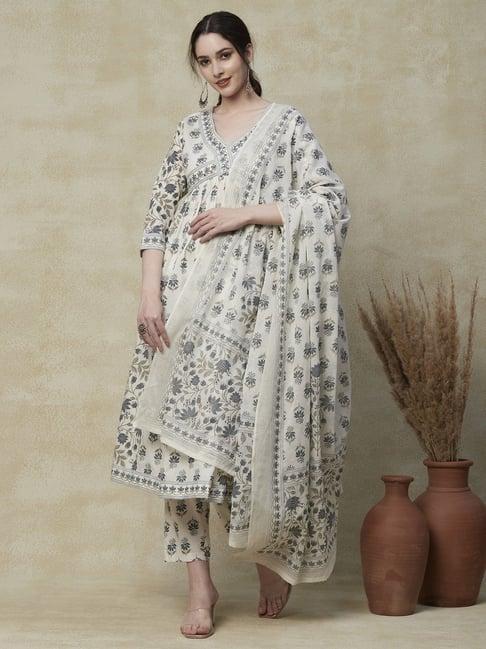 fashor off-white cotton printed kurta pant set with dupatta