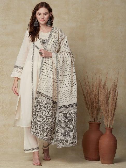 fashor off-white cotton printed kurta pant set with dupatta