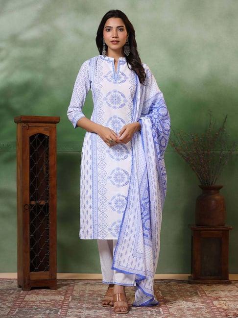 fashor off-white cotton printed kurta pant set with dupatta