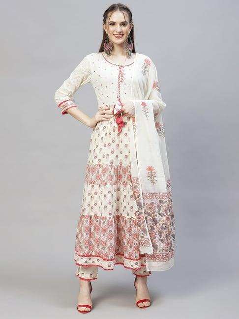 fashor off-white cotton printed kurta pant set with dupatta