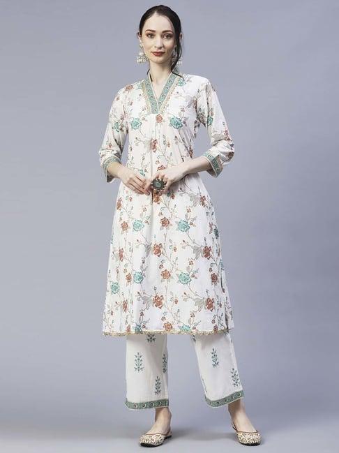 fashor off-white cotton printed kurta pant set