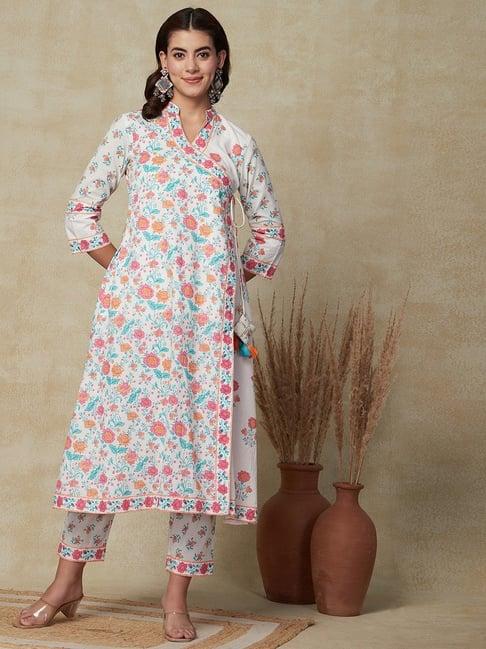 fashor off-white cotton printed kurta pant set