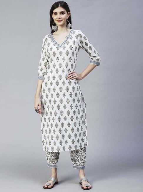 fashor off-white cotton printed kurta pant set