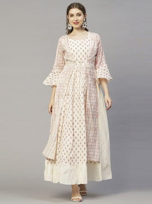 fashor off-white cotton printed maxi dress with jacket