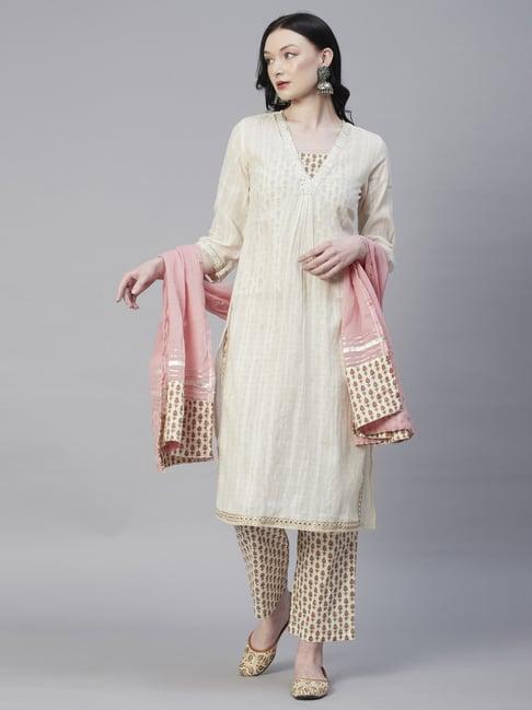 fashor off-white cotton woven pattern double layered kurta pant set with dupatta