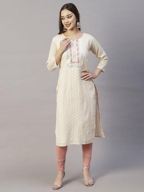 fashor off-white cotton woven pattern straight kurta