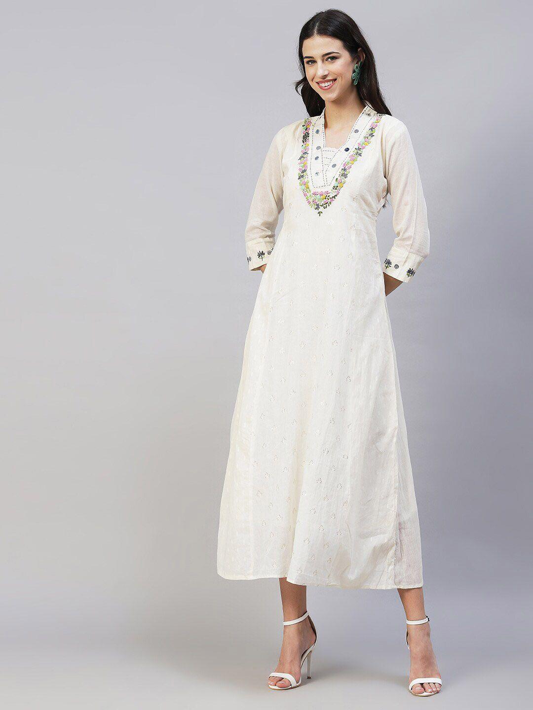 fashor off white embroidered cotton a-line midi dress