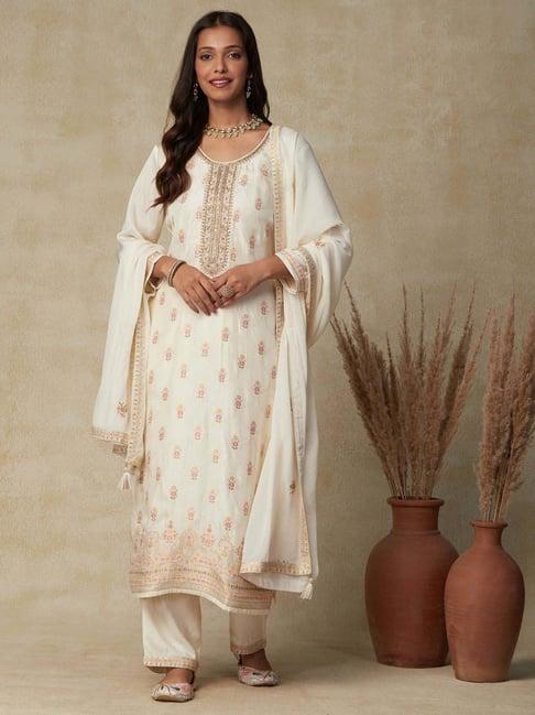 fashor off-white embroidered kurta palazzo set with dupatta