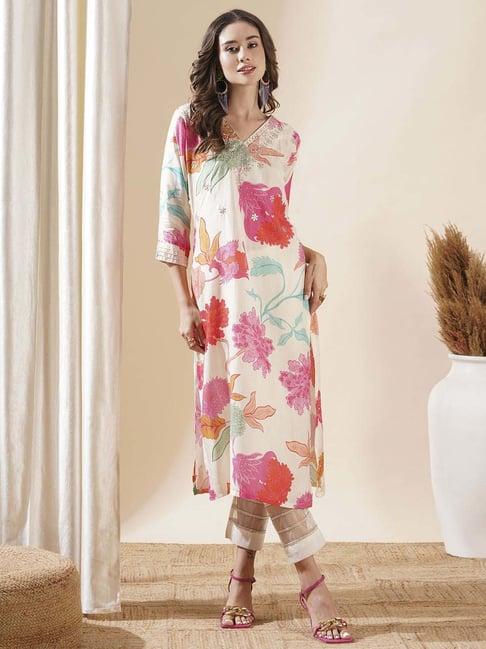 fashor off-white floral print straight kurta