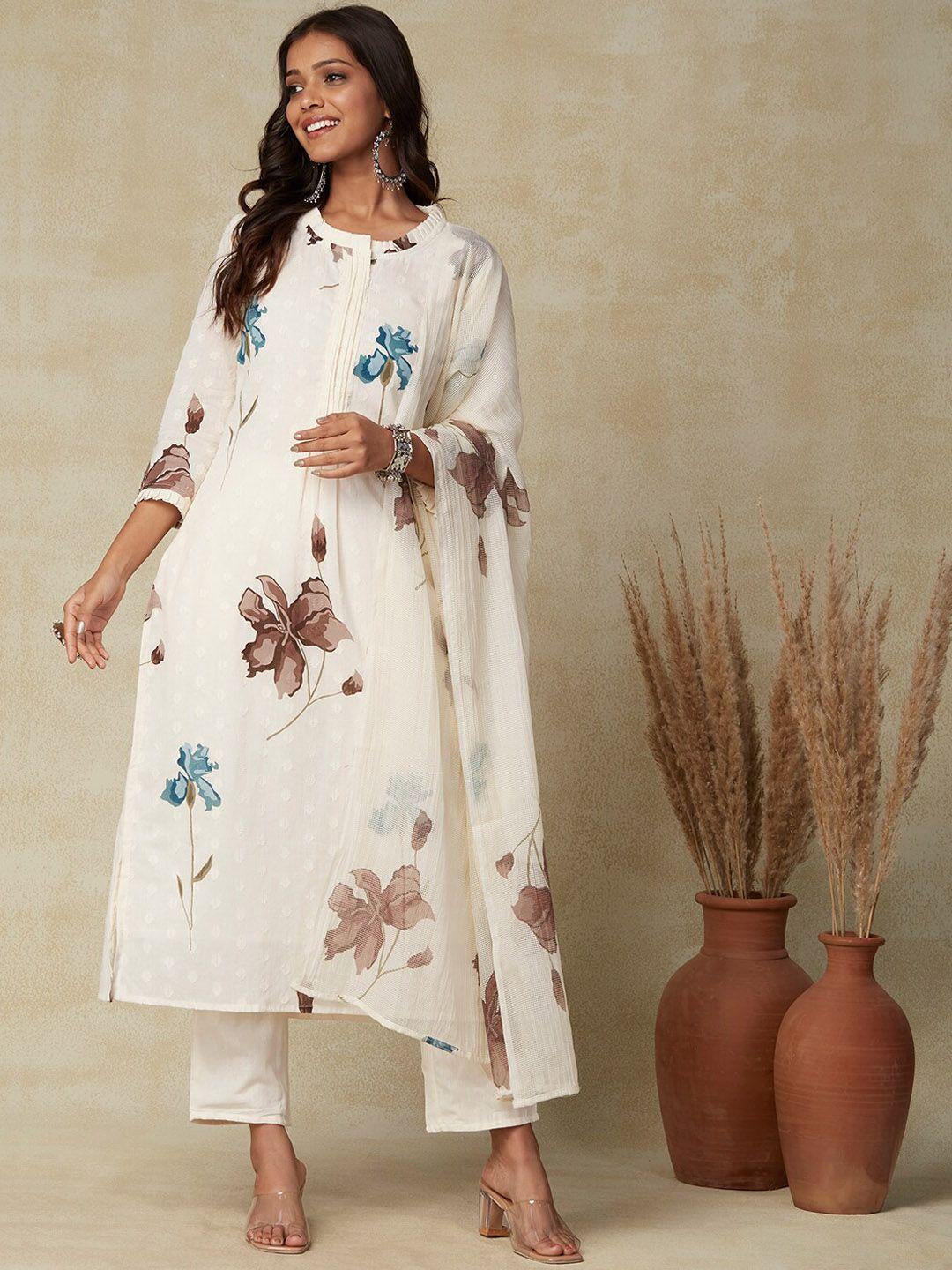 fashor off white floral printed band collar pure cotton kurta & trousers with dupatta