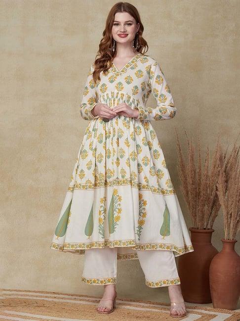 fashor off white printed kurta & palazzo set