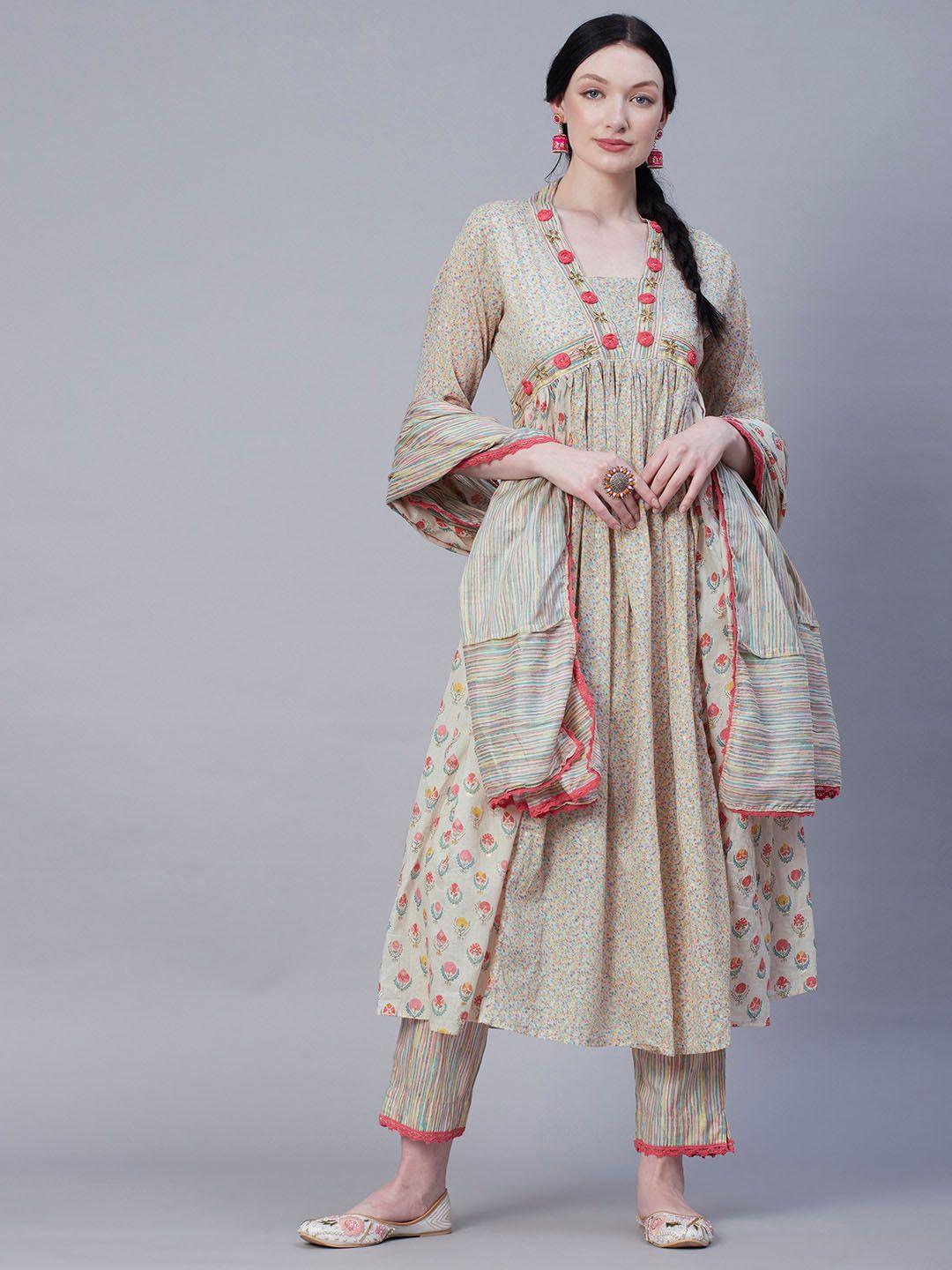 fashor off white printed thread work pure cotton kurta with trousers &  dupatta