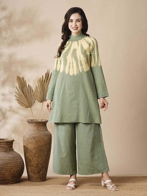 fashor olive green & yellow cotton printed kurti palazzo set