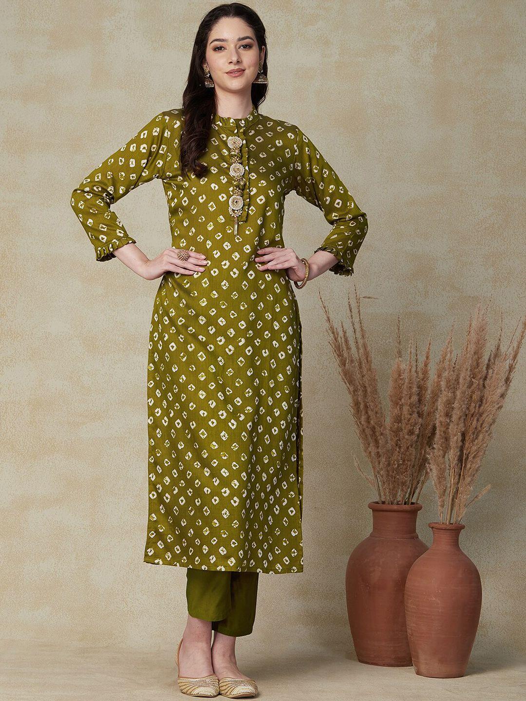 fashor olive green bandhani printed beads and stones kurta with trousers