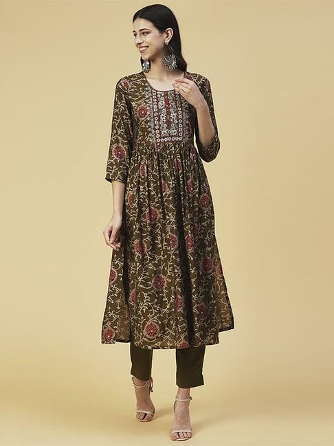 fashor olive green embroidered kurta pant set