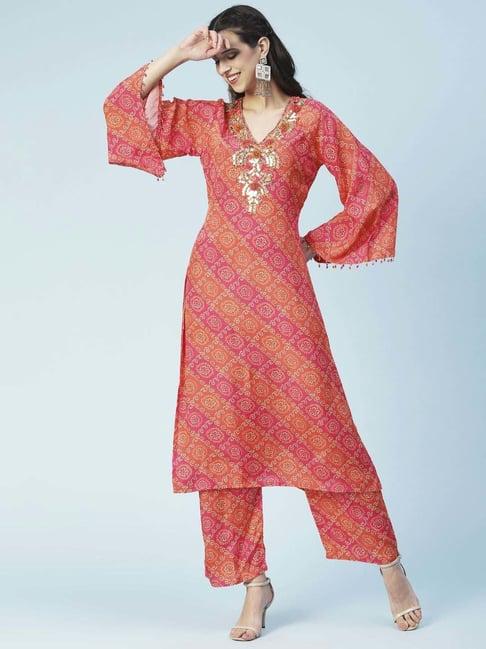 fashor orange & pink embellished kurta palazzo set