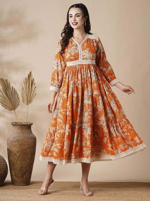 fashor orange cotton printed a-line dress