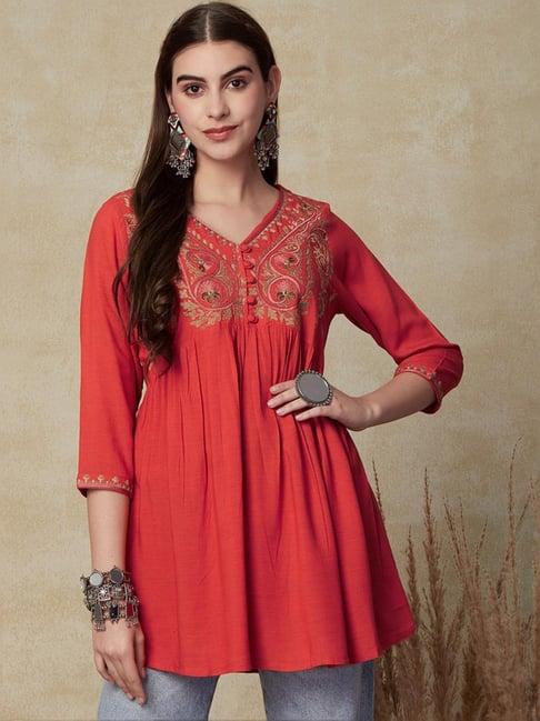 fashor orange embroidered a line short kurti