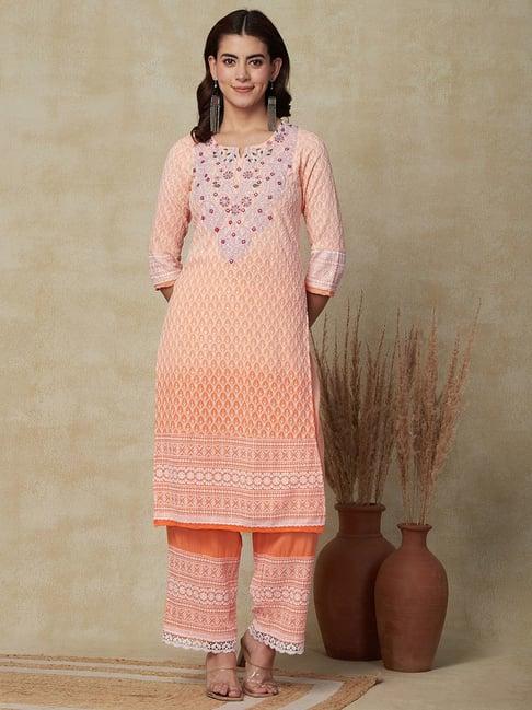 fashor orange embroidered kurta palazzo set