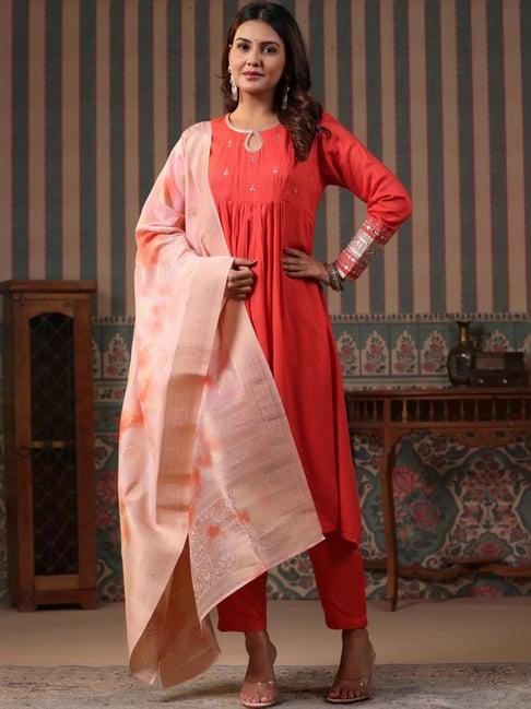 fashor orange embroidered kurta pant set with dupatta