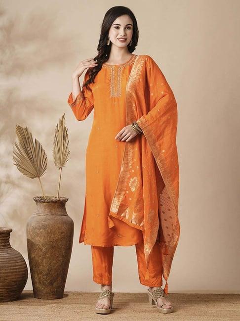 fashor orange embroidered kurta pant set with dupatta