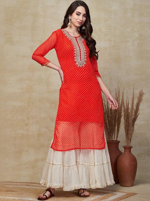 fashor orange embroidered straight kurta