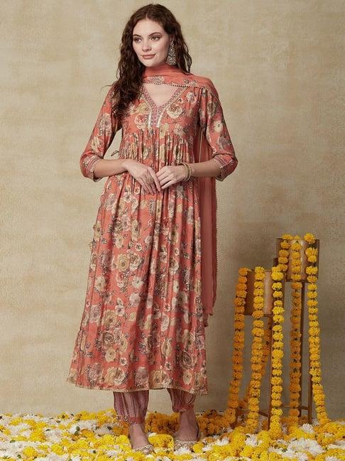 fashor orange printed kurta salwar set with dupatta