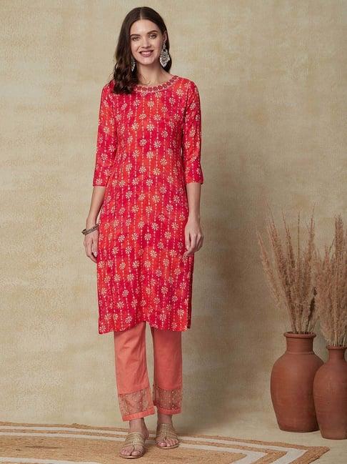 fashor orange printed straight kurta