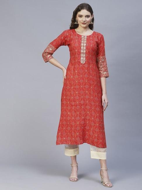 fashor orange printed straight kurta