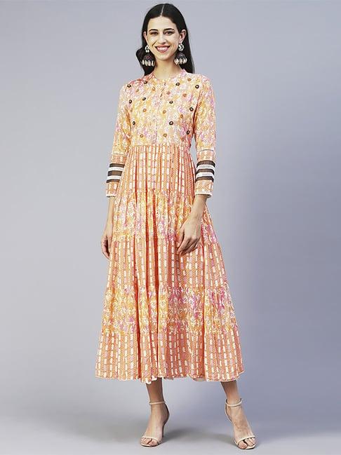 fashor orange pure cotton embroidered a-line dress