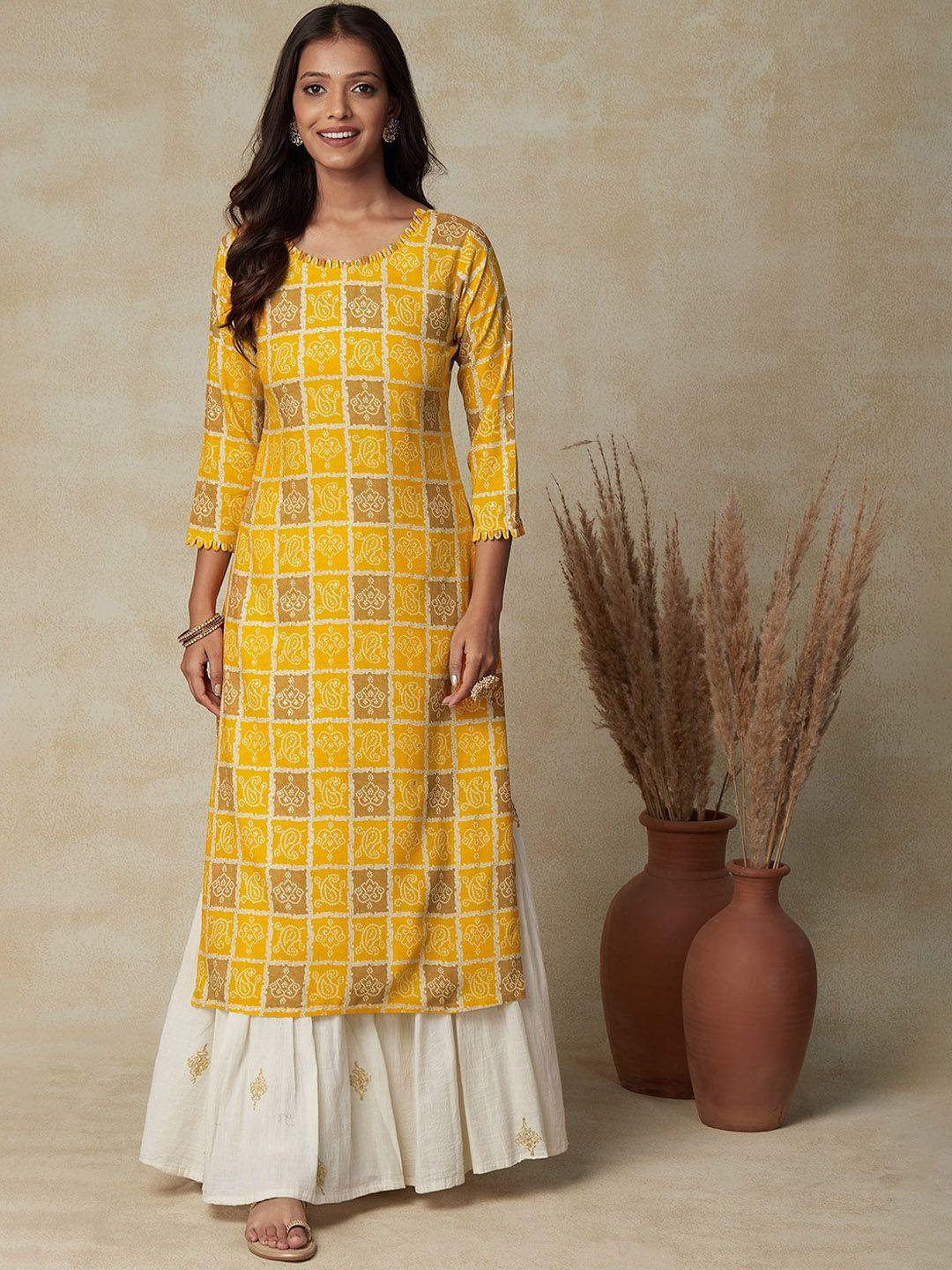 fashor paisley and checked bandhani printed loop lace straight kurta